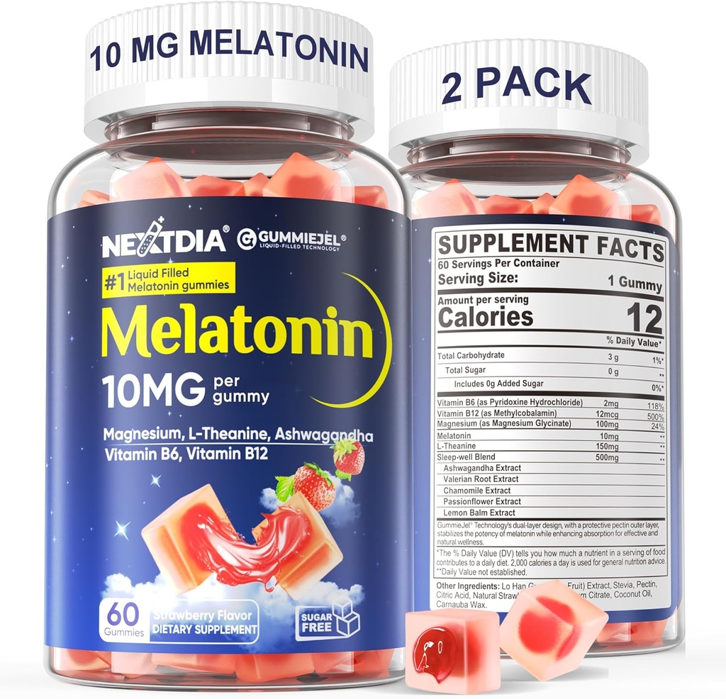 2 Pack Sugar Free Melatonin Gummies 10mg 20mg Magnezyum Glycinate Melatonin for Yetişkinler, Ashwagandha, L-Theanine, B6, B12, Lemon Balm ve Chamomile için Deep Relaxation, Antioksi, Vegan,120 Day