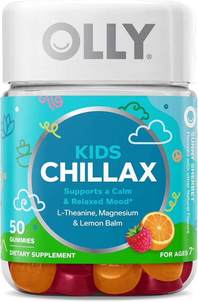 OLLY Kids Chillax Gummies, Magnezyum L-Theanine, Lemon Balm, Chewable Supplement, Sherbet Flavor