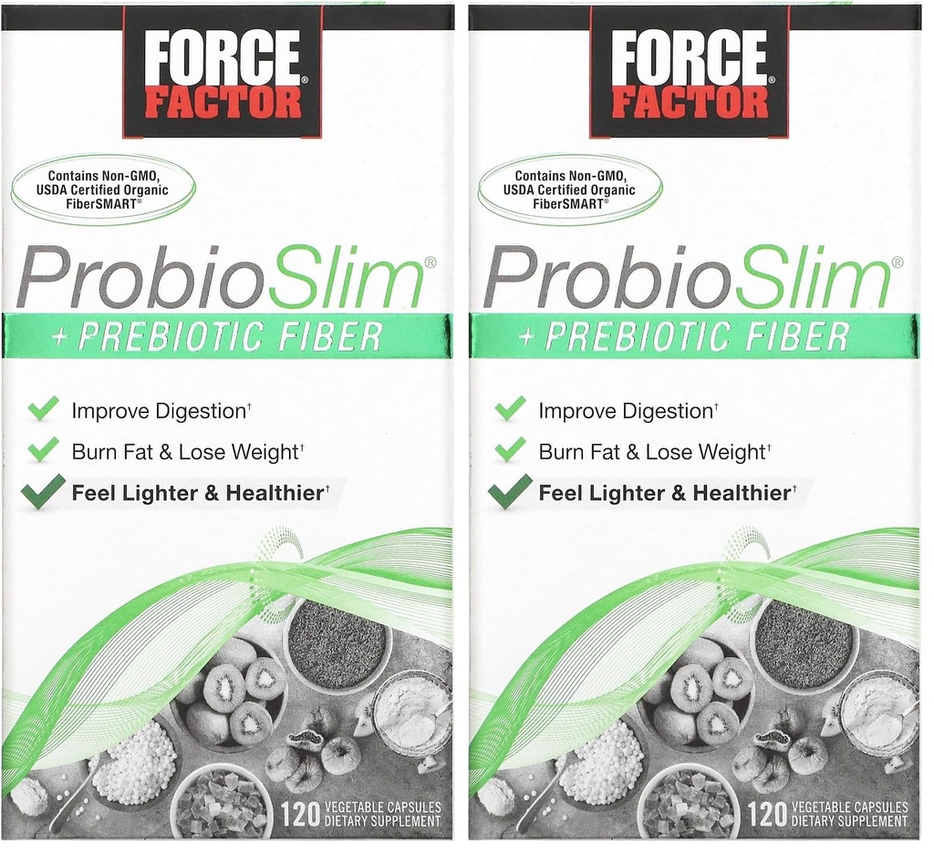 Kuvvet Faktörü ProbioSlim + Prebiyotik Fiber Kilo kaybı Kadınlar ve Erkekler için Tamamlanır, Probiyotik ve Prebiyotik Digestive Health Support with Green Tea Extract and Psyllium Husk Fiber, 120 Capsules