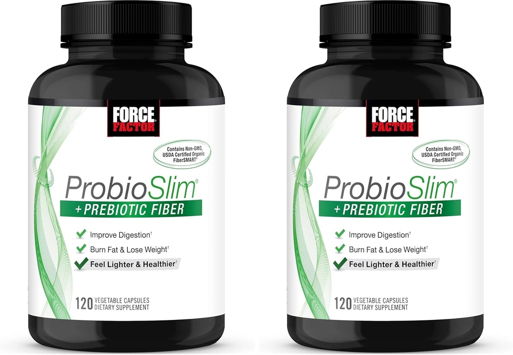 Kuvvet Faktörü ProbioSlim + Prebiyotik Fiber Kilo kaybı Kadınlar ve Erkekler için Tamamlanır, Probiyotik ve Prebiyotik Digestive Health Support with Green Tea Extract and Psyllium Husk Fiber, 120 Capsules