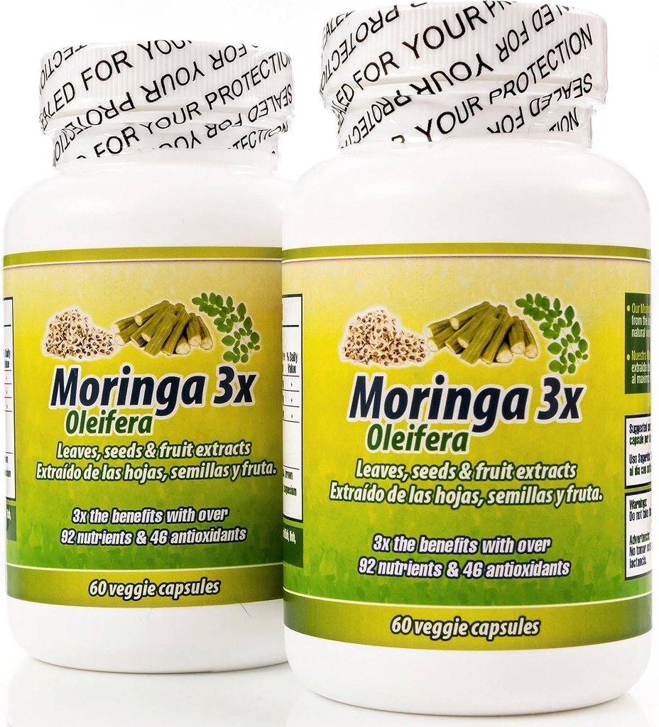 Moringa en Capsulas naturales. Set de 2 frascos. Triple accion, extraida de la Planta, fruta y yarıllas. Alto contenido de proteinler, vitaminler y mineraller