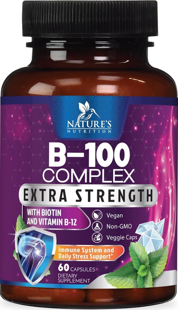 B Complex Βιταμίνες Κάψουλες - με Βιταμίνη Β12 Β6 Β100 C Βιοτίνη Folate & Follic Acid - Συμπλήρωμα για την υποστήριξη της καρδιάς, του εγκεφάλου και των νεύρων - Super Complex για την υποστήριξη του ανοσοποιητικού και της ενέργειας - 60 κάψουλες