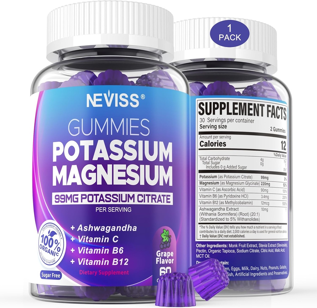 Κάλιο Μαγνήσιο Gummies - Συμπληρώματα καλίου w/Ashwagandha 200mg, Μαγνήσιο Γλυκινικό,B6,B12,P-otassium Κιτρικό για τα πόδια Cramps,Muscle,Electroyte για ενήλικες παιδιά,Ζάχαρο-ελεύθερο,1Pack