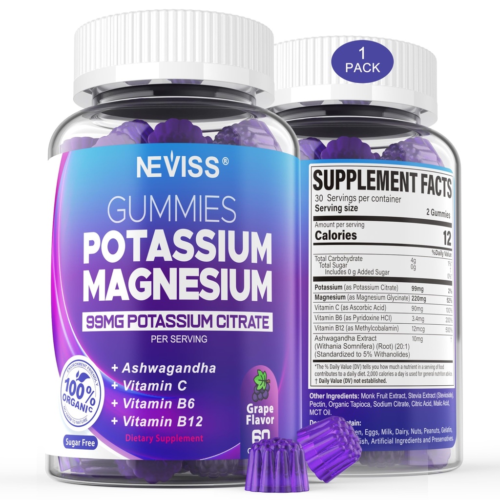 Potassium Magnesium Gummies - Potassium Supplement w/Ashwagandha 200mg, Magnesium Glycinate,B6,B12,P-otassium Citrate for Leg Cramps,Muscle,Electroyte for Adults Kids,Sugar-Free,1Pack