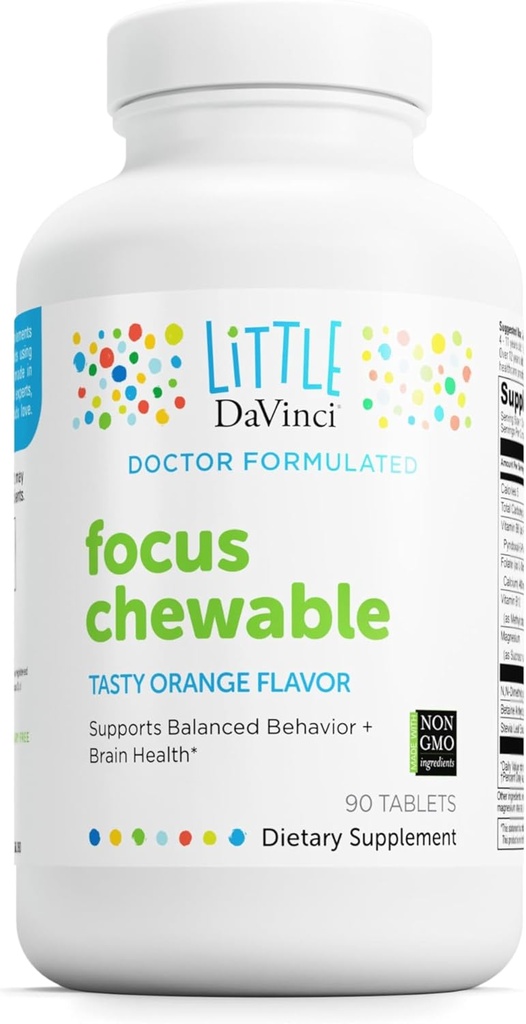 DAVINCI Labs Focus Chewable - Συμπλήρωμα Υποστήριξης Συμπεριφοράς, Εγκεφαλικής Υγείας και Ανοσολογικής Υγείας για Παιδιά* - με Βιταμίνη Β6, Φολικό, Βιταμίνη Β12, και Περισσότερα - Πορτοκαλί Γεύση - Χωρίς ζάχαρη - 90 δισκία