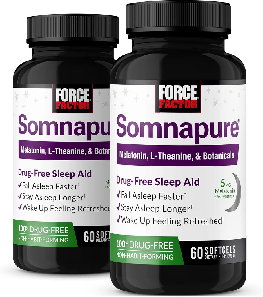 FORCE FACTOR Somnapure Softgels 2Pack Sleep Aid to Fall Asleep Faster, Stay Asleep Longer, Wake Up Reneed, Sleep Aid for Yetişkinler with Melatonin, Ashwagandha, Valerian Root, 120 Softgels