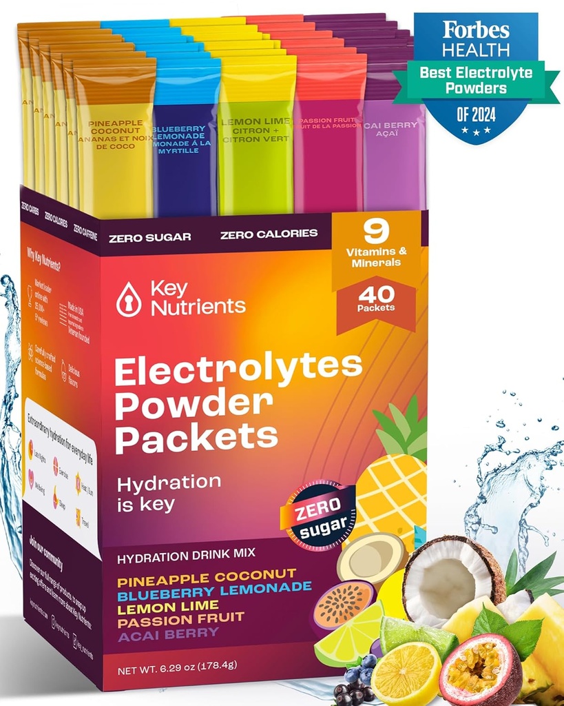 KEY NUTRIENTS Elektrolytes Toz Paketi No Sugar - 5 Delicious Flavors in Hydration Packets 40 Pack - Gluten Free Electrolytes Toz Packets