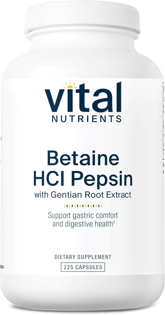 Vital Nutrients Betaine HCL Pepsin with Gentian Root Extract | Digestive Enzyme Formula Protein Digestion ve Nutrient Abxia* | Gluten, Dairy, Soy Free | 225 Capsules