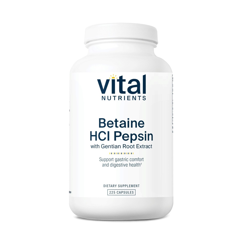 Vital Nutrients Betaine HCL Pepsin with Gentian Root Extract - Digestive Enzyme Formula to Support Protein Digestion and Nutrient Absorption* - Gluten, Dairy, Soy Free - 225 Capsules