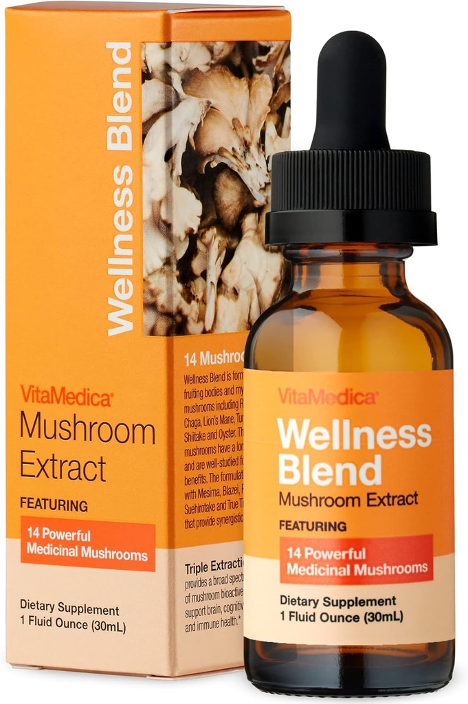 VitaMedica | Wellness Mix Mushroom Extract | Doğal Sağlık ATM | Organik | Reishi | Cordyceps | Lion's Mane | Türkiye Tail | Chaga | Agarikon | Mushroom Supplements | ABD'de Yapılacaklar | 30 Hizmet