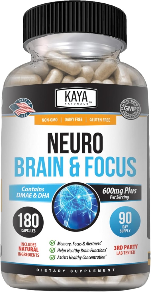 Kaya Naturals - Νευροεγκέφαλος για Μνήμη & Εστίαση - Nootropic Energy Capsule - Nootropic Brain Support Supplement - Εστίαση & Συγκέντρωση & Ακρίβεια Μάθησης - Γνωστική Λειτουργία - 180 Μέτρα