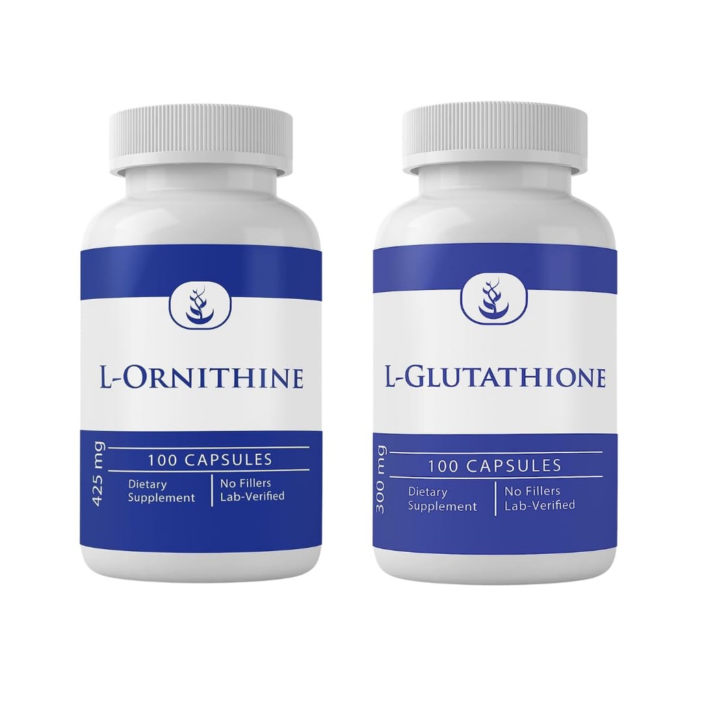 PURE ORIGINAL INGREDIENTS L-Glutathione & L-Ornithine Bundle (100 Capsules Each), No Additives or Fillers, Lab Verified