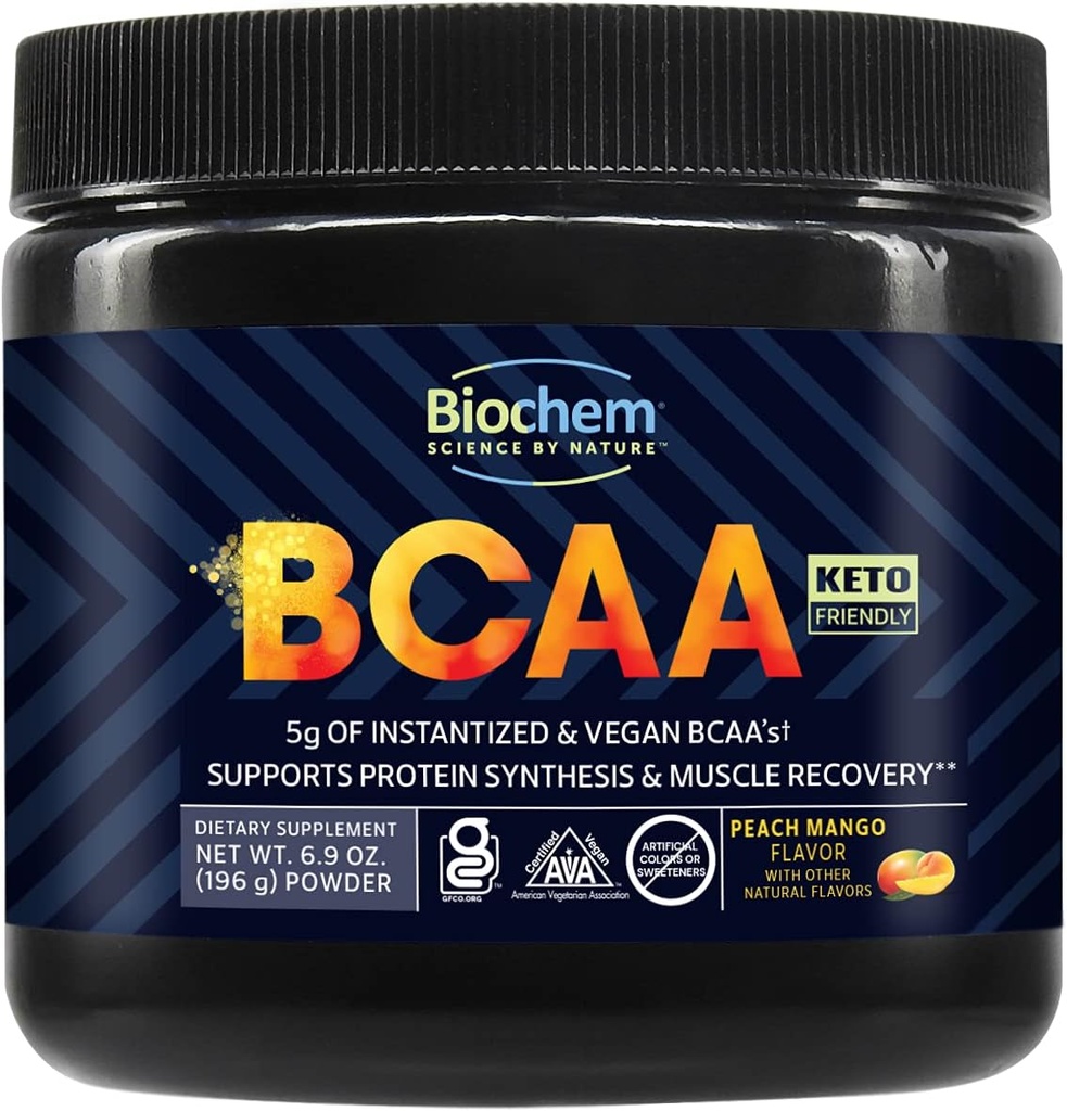 Biochem BCAA Toz Peach Mango 5g – 30 Hizmetler | Vegan, Gluten Free, Keto, Instantized 2:1 BCAA Muscle Recovery için Tamam, Protein Synthesis & Hydration | Elektrolyte Amino Asit Toz