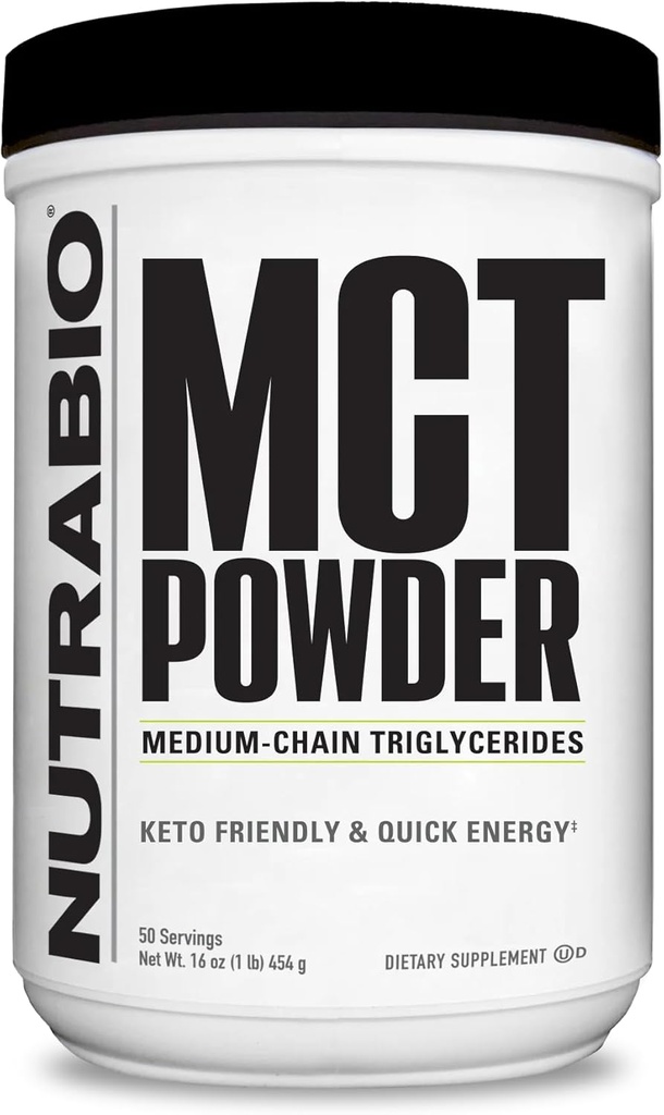 NutraBio MCT σκόνη, Τριγλυκερίδια μέσης αλυσίδας, αύξηση βάρους Lean, Keto φιλικό, 1 lb. Κόνις - 50 εξυπηρετήσεις
