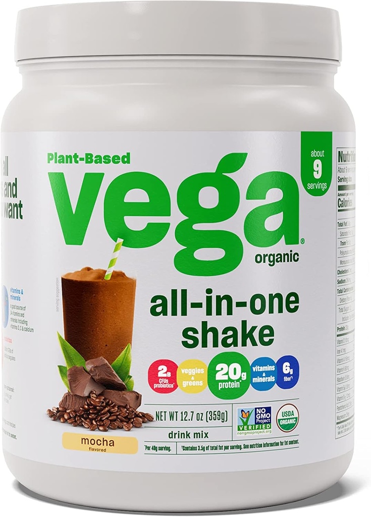 Vega Organic All-in-One Vegan Protein Powder Mocha (9 μερίδες) Superfood Συστατικά, Βιταμίνες για την υποστήριξη της ανοσίας, Keto Friendly, Pea Protein for Women & Men, 12,7oz (Packaging May Vary)
