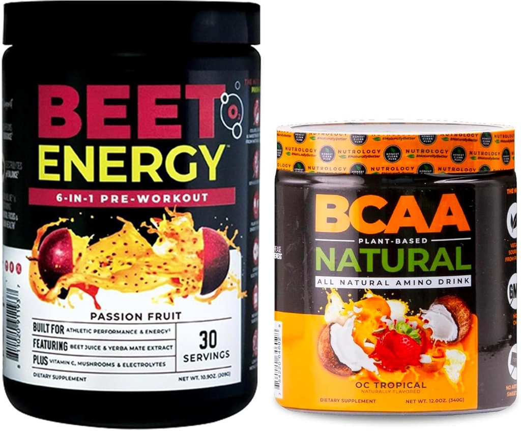 Nutrology Beet Natural O2, Pre Workout Powder, Passion Fruit Flavor (30 μερίδες) BCAA Natural, Plant Based BCAA Powder, Orange Coconut Flavor (30 μερίδες)