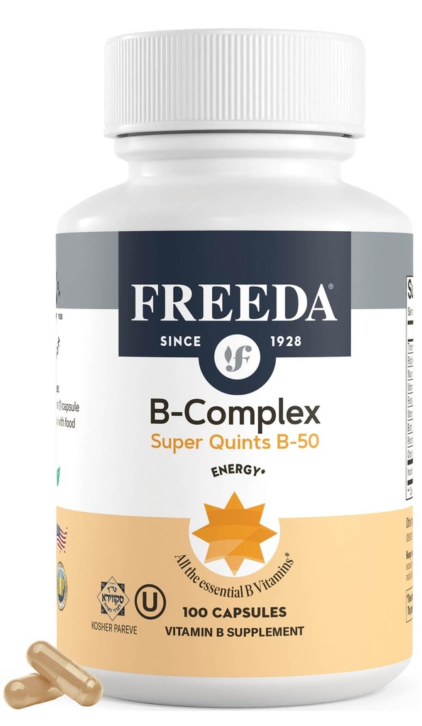 FREEDA Vitamin B Kompleksi - Super Quints B-50 - Kosher Super B Kompleksi B1 Vitamin B2 Vitamin B3 Vitamin B6 Vitamin B12 Plus Folic Acid (100 Capsules)