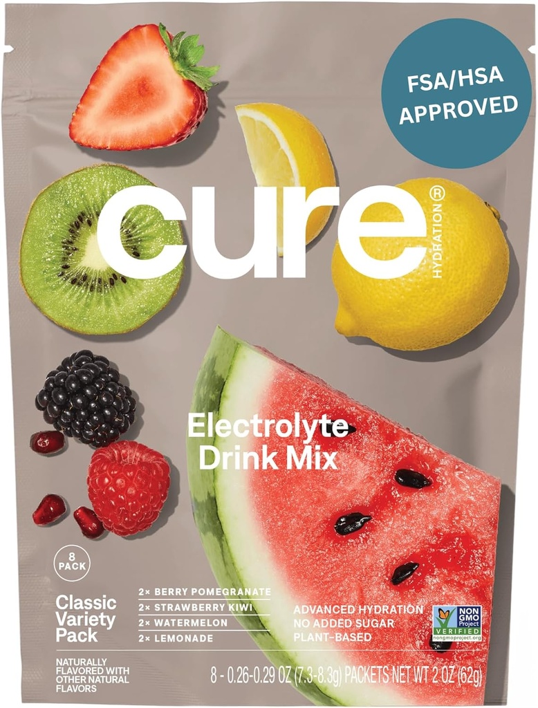 Cure Hydration | Plant-Based Electrolyte Drink Mix | Nodrew Sugar | FSA-HSA | Dehidrasyon Yardımı Tuvalet Su ile Yaptı | Non-GMO | Vegan | 8 Packets - Çeşitli Paket