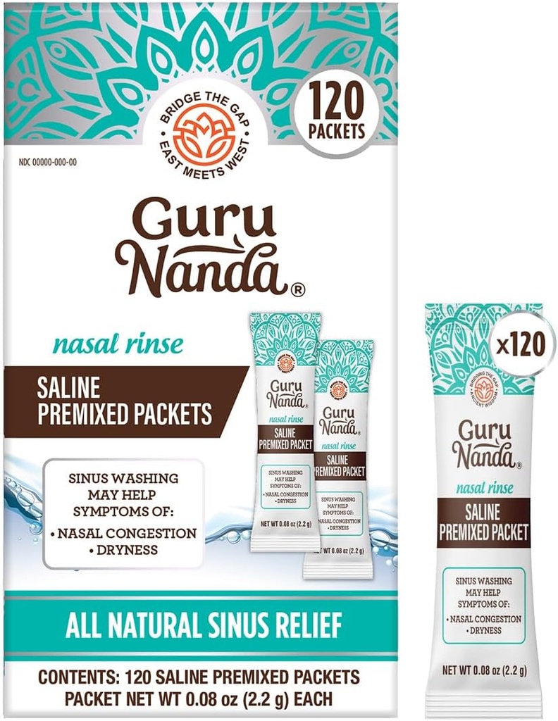 GuruNanda PreMixed Saline Packets για Nasal Rinse (120 Count), Όλα τα φυσικά Sinus Rinse Packets για να βοηθήσει με Αλλεργίες & Συμφορητική ανακούφιση, 0.08oz κάθε