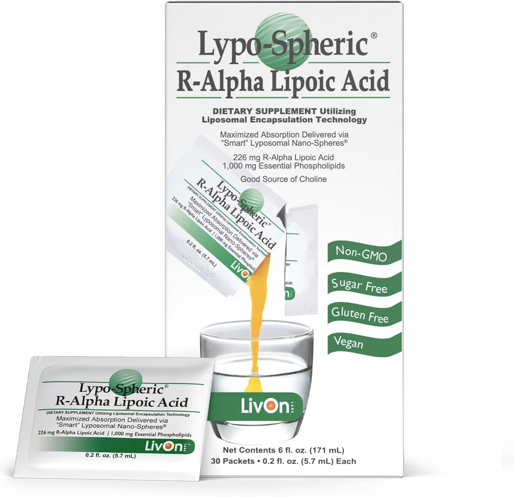 LivOn Laboratories Lypo-Spheric R-Alpha Lipoic Acid - 30 Packets - 226 mg Per Packet - Liposome Encapsated for maximum Bioavailability - 100% Non-GMO