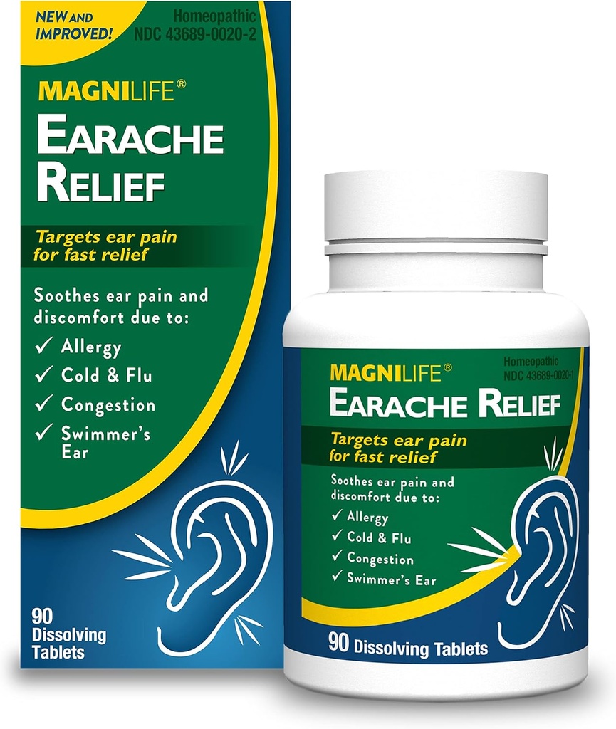 MagniLife Earache Relief, Fast-Acting Natural Relief for Mayomers Ear, Pain and Discomfort from Allergies, Cold and Flu - 90 Quick Dissolve Tabletleri