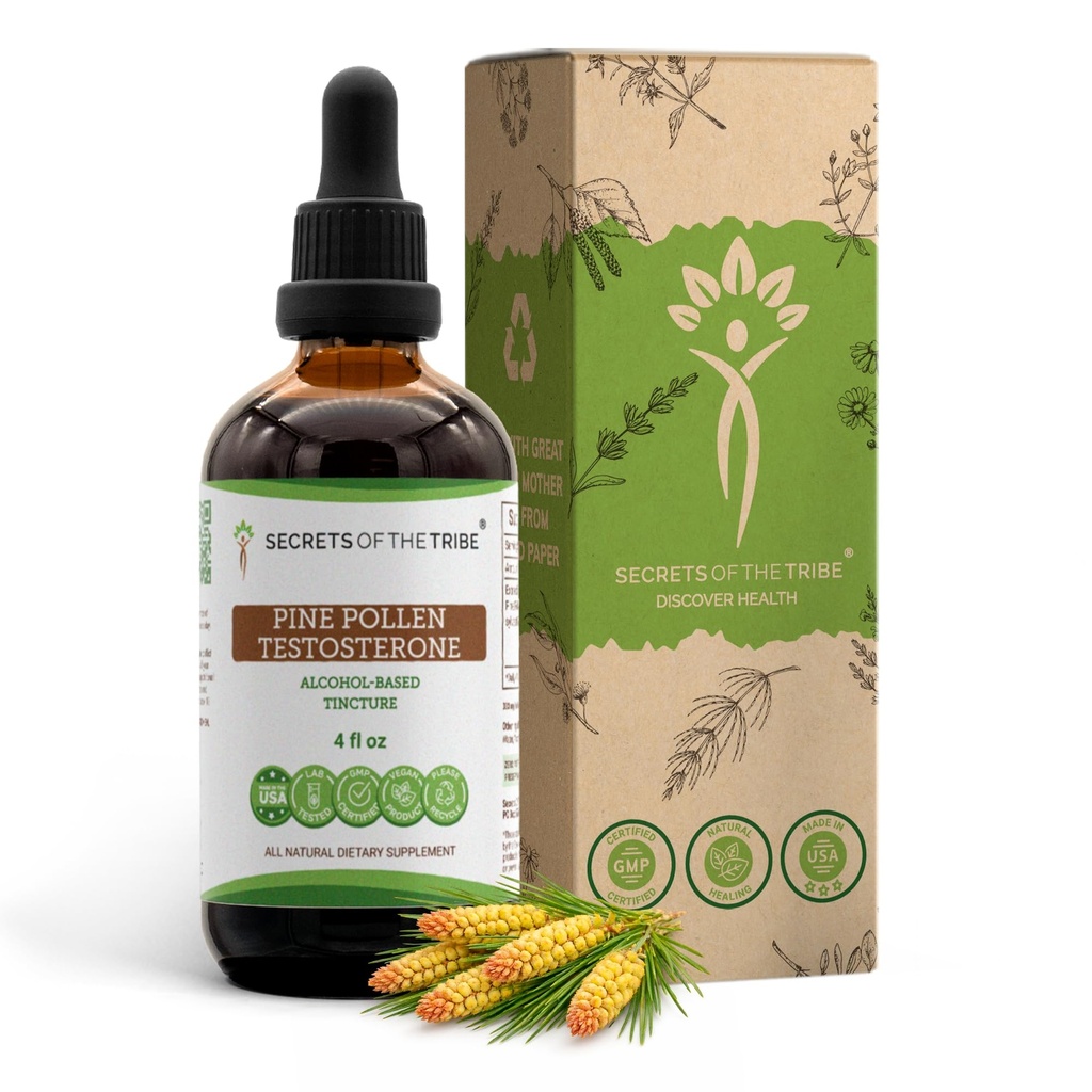 Secrets of the Tribe Pine Pollen Testosterone Tincture Alcohol Extract, Wildcrafted Pine Pollen (Scots Pine, Pinus sylvestris) Dried Pollen (4 FL OZ)