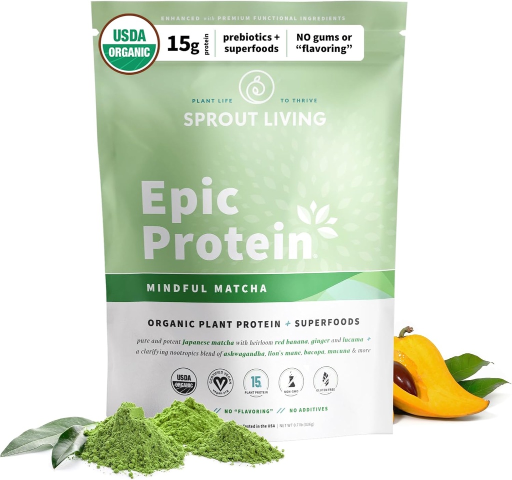 Sprout Living Epic Protein, Plant Based protein & Superfoods Toz, Mindful Matcha | 17 Grams Organik Protein Toz, Vegan, Non-GMO, Gluten Free, Adaptogens + Nootropics (1 Pound, 12 Hizmet)