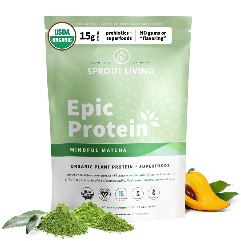 Sprout Living Epic Protein, Plant Based protein & Superfoods Toz, Mindful Matcha | 17 Grams Organik Protein Toz, Vegan, Non-GMO, Gluten Free, Adaptogens + Nootropics (1 Pound, 12 Hizmet)