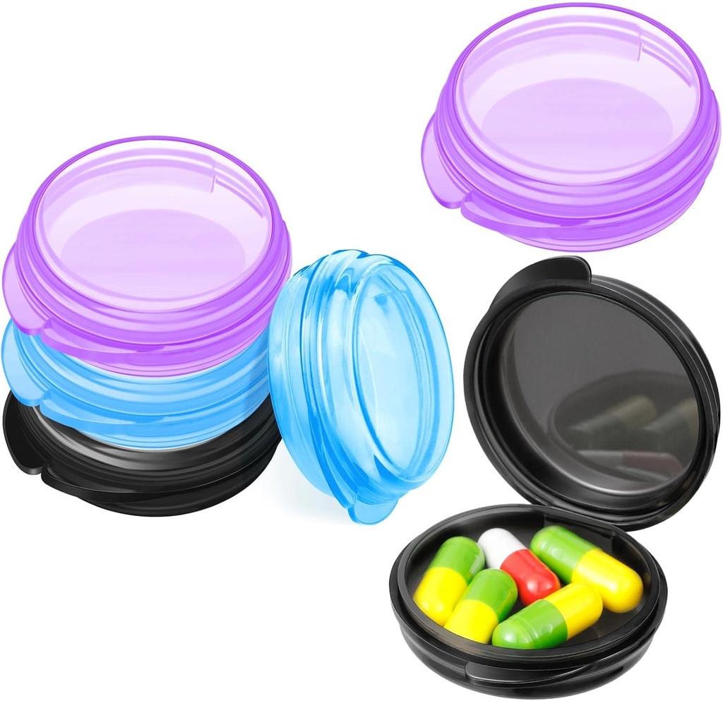 Patelai 6 Packs Small Pill Organizer Box, Travel Pill Container Günlük Mini Tıp Davası Pocket Purse Notcase Travel Medicine Cod Liver Oil Storage Box (Black, Mor, Blue)