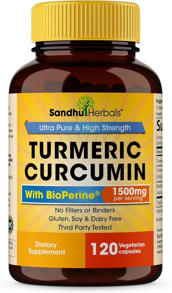 Sandhu Herbals Organik Turmeric Curcumin 120 Capsules with Bioperine Black Pepper Extract Supplement | 1500 mg with 95 Curcuminoids | Immune Support