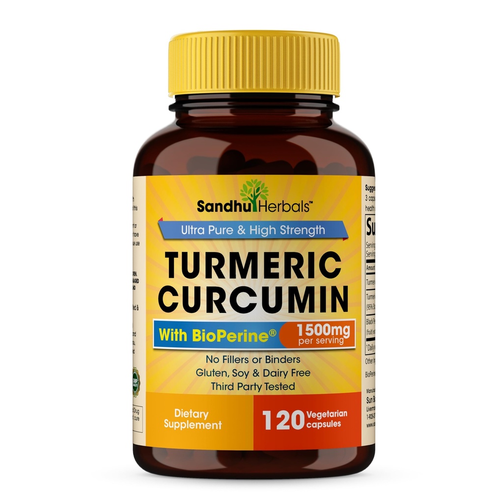 Sandhu Herbals Organik Turmeric Curcumin 120 Capsules with Bioperine Black Pepper Extract Supplement | 1500 mg with 95 Curcuminoids | Immune Support