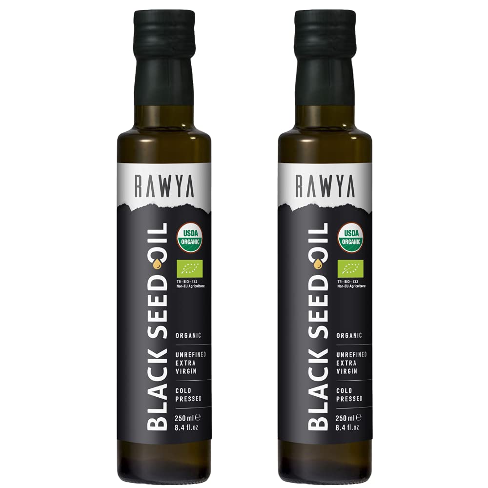 RAWYA Black Seed Oil - Βιολογικό κρύο Pressed Nigella Sativa - Τουρκική Προέλευση - USDA Organic - Φυσικό συμπλήρωμα - Μαύρο Cumin Seed Oil - Πλούσιο άρωμα & υψηλή συγκέντρωση - 250ml γυάλινο μπουκάλι - 2 Pack