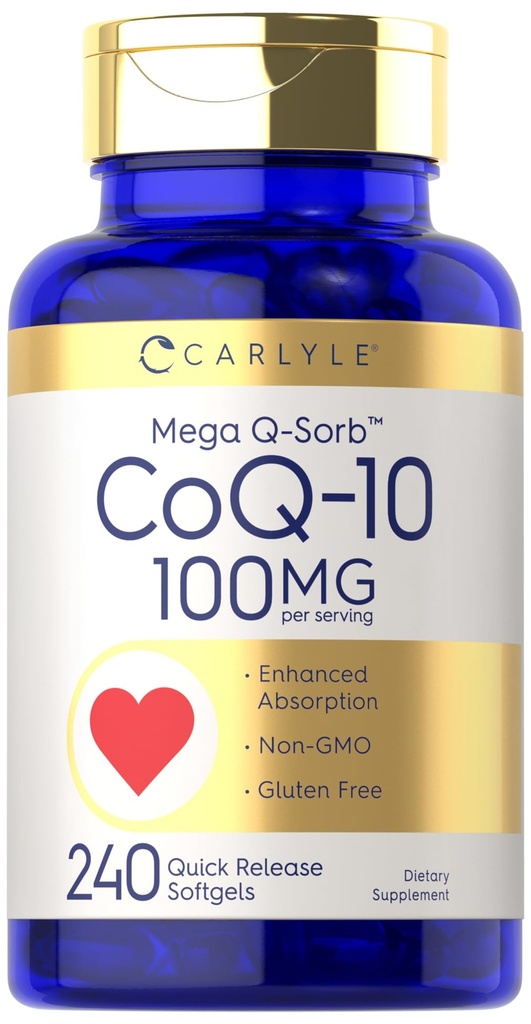 Carlyle CoQ10 100 mg | 240 Softgels | Mega Q-Sorb Coenzyme Q-10 | Black Pepper Extract | Non-GMO, Gluten Free Supplement Supplement