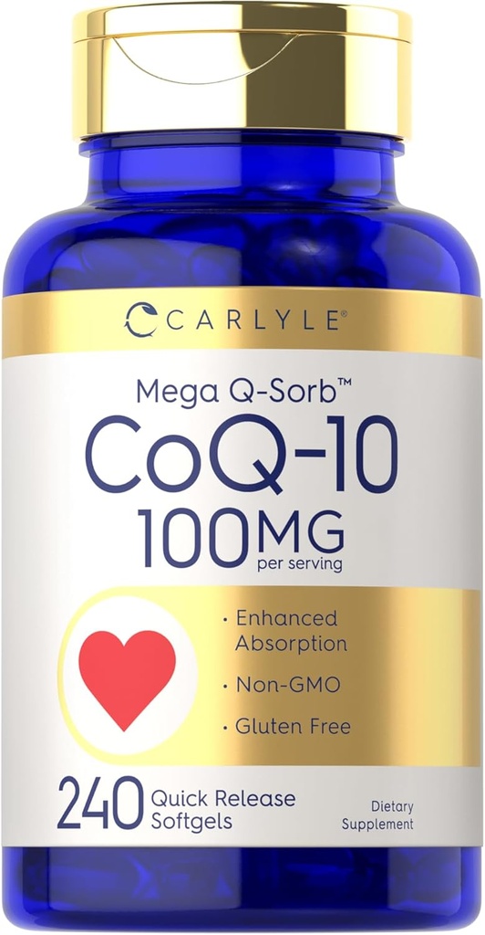 Carlyle CoQ10 100 mg | 240 Softgels | Mega Q-Sorb Coenzyme Q-10 | Black Pepper Extract | Non-GMO, Gluten Free Supplement Supplement