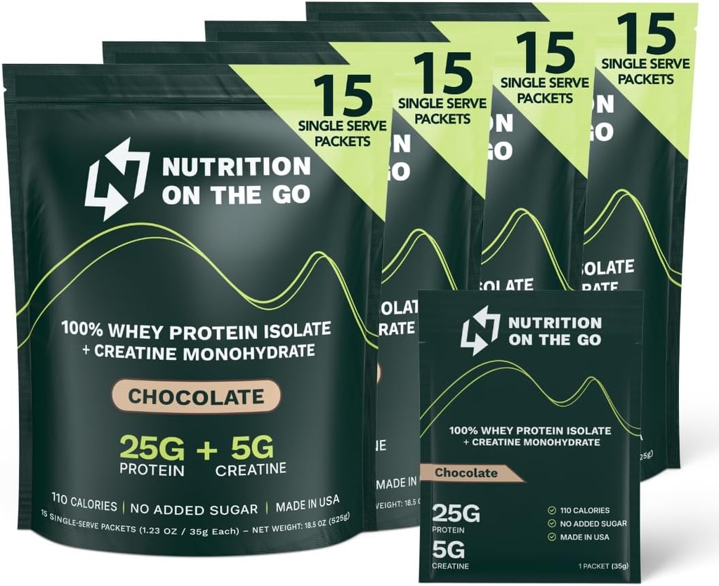 Go Whey proteini, 25g proteini + 5g Kretine – Single-Serve Travel Protein Toz – Chocolate (60-Pack)