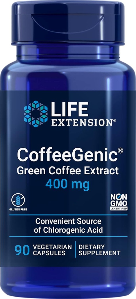 Life Extension CoffeeGenic® Green Coffee Extract, 400 mg, 50% klorojenik asit için standartlaştırılmış, After-Meal Metabolism Support, Gluten Free, Non-GMO, Vegetarian, 90 Capsules
