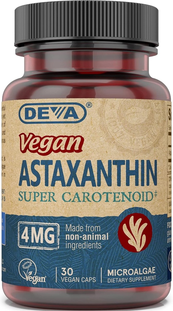 Deva Διατροφή Βιταμίνες Ασταξανθίνη 4mg, Vegan, Φτιαγμένο από Haematococcus Pluvialis Microalgae, 30 κάψουλες, 1-Pack