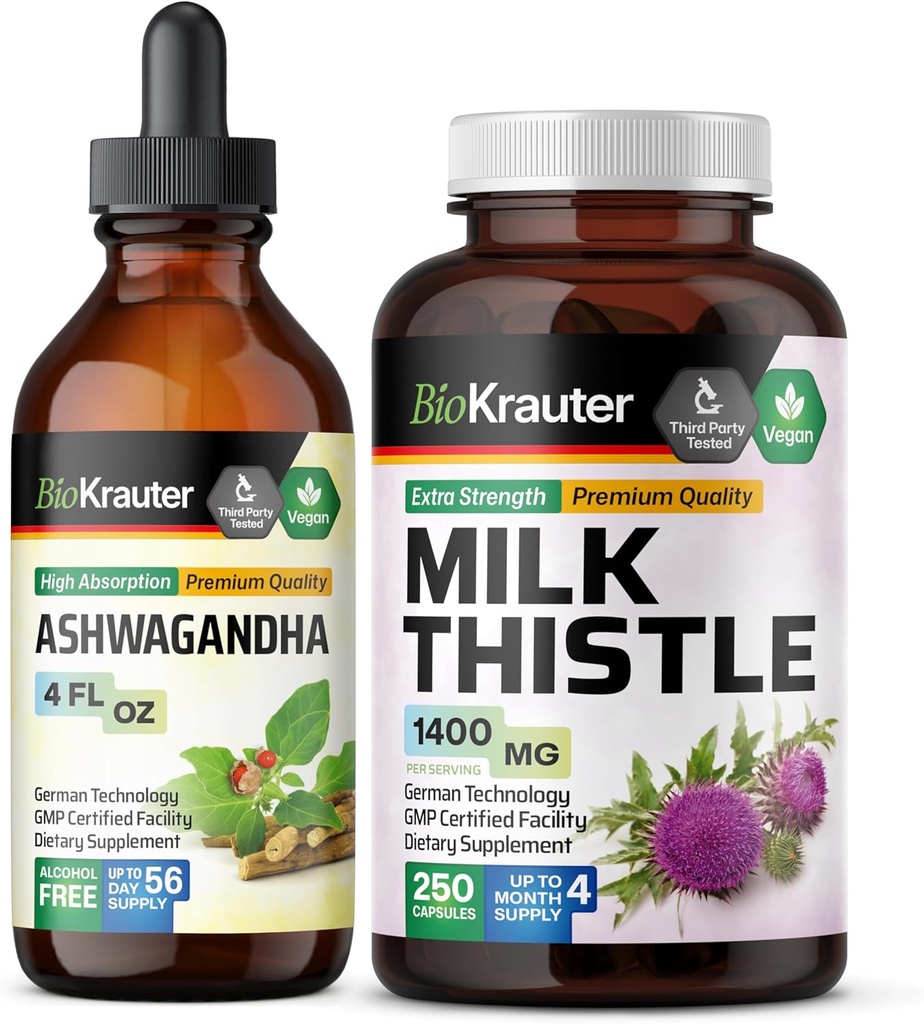BIO KRAUTER Ashwagandha Tincture 4 Fl. Oz. & Milk Butle 250 Capsules
