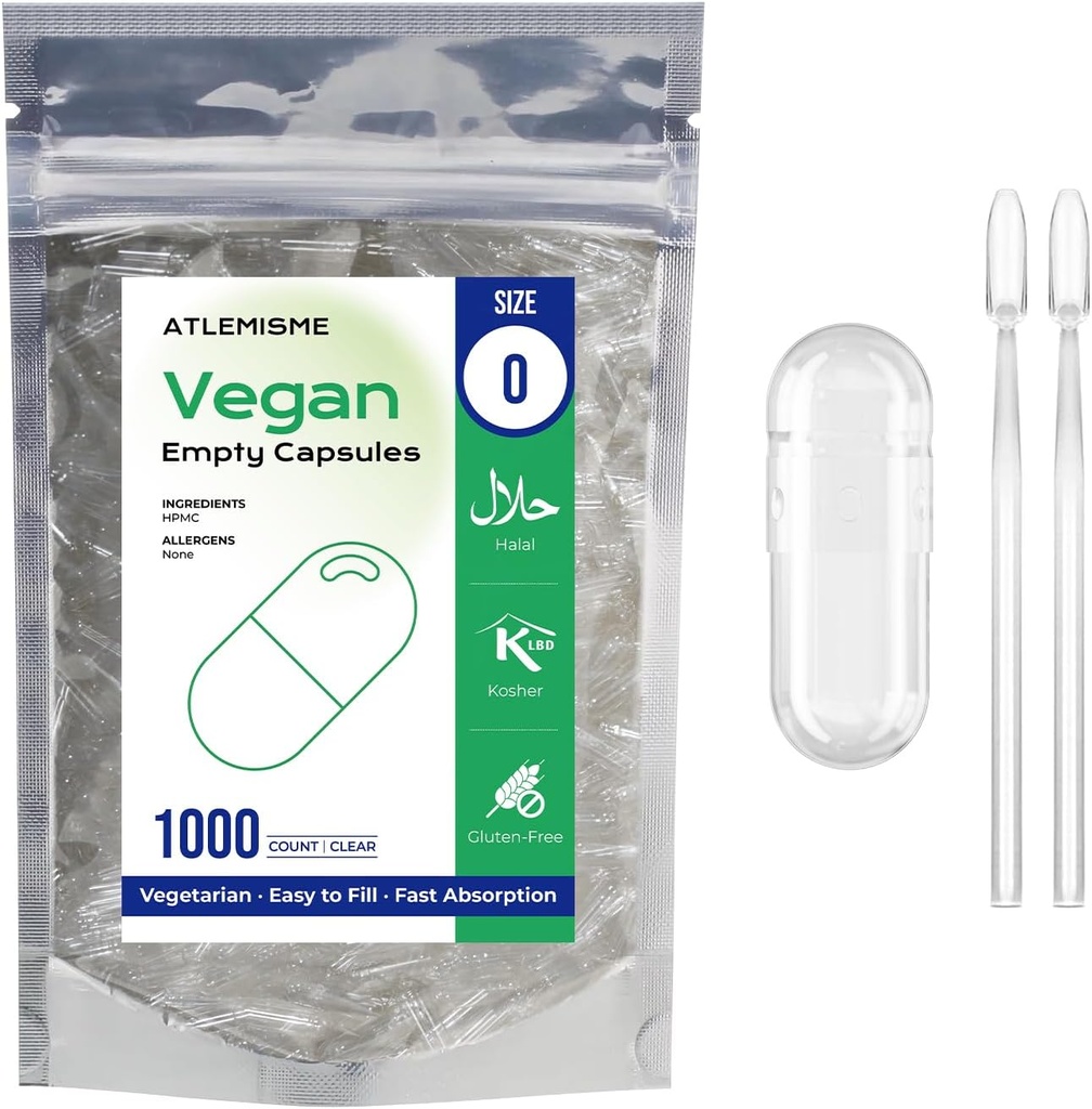 Κενές κάψουλες Vegan Μέγεθος 0 - Κάψουλες Vegan Κενές (1000 κόμης) DIY κάψουλες που γεμίζουν λαχανικά