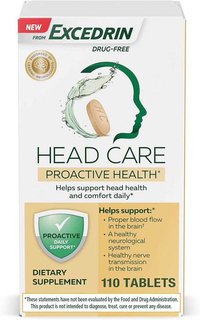 Excedrin Head Care Proactive Health with Magnesium, Ριβοφλαβίνη, Βιταμίνη Β6, Φολικό Οξύ και Βιταμίνη Β12, Συμπλήρωμα Διατροφής Υποστηρίζει Υγεία Κεφαλή και Άνεση Καθημερινή – 110 Count