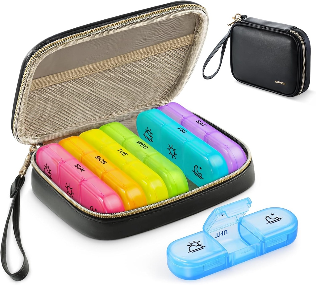 AUVON Haftalık Pill Organizer 3 Zaman Bir Gün, Büyük Pill Box 7 Gün A PU Deri Bag, Protabel Travel Pill Case Drug Hatırlatma, Günlük Pill Box 3 Zaman Vitaminler Günü, Balık Yağları, Tamamlar