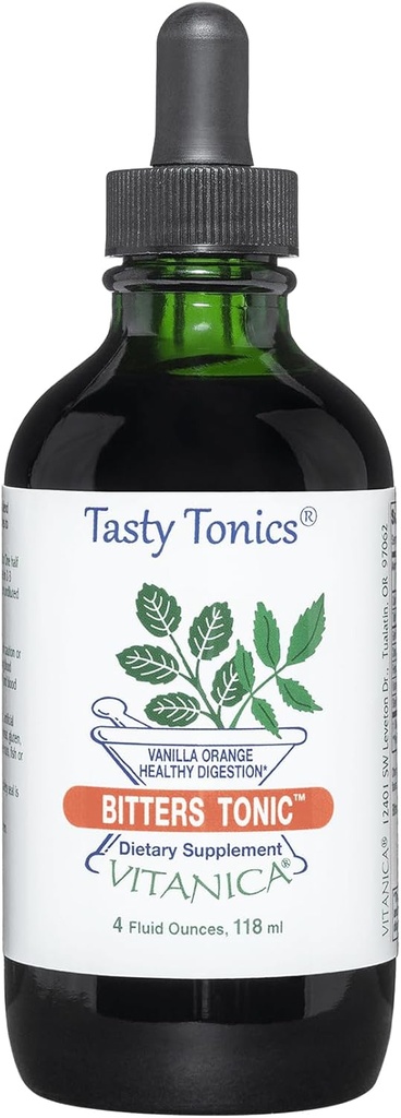 Vitanica Bitters Tonic, Liquid Digestion Supplement, Digestion Support, Alkol Free, Vanilla Orange, Vegan, 4 Ounce