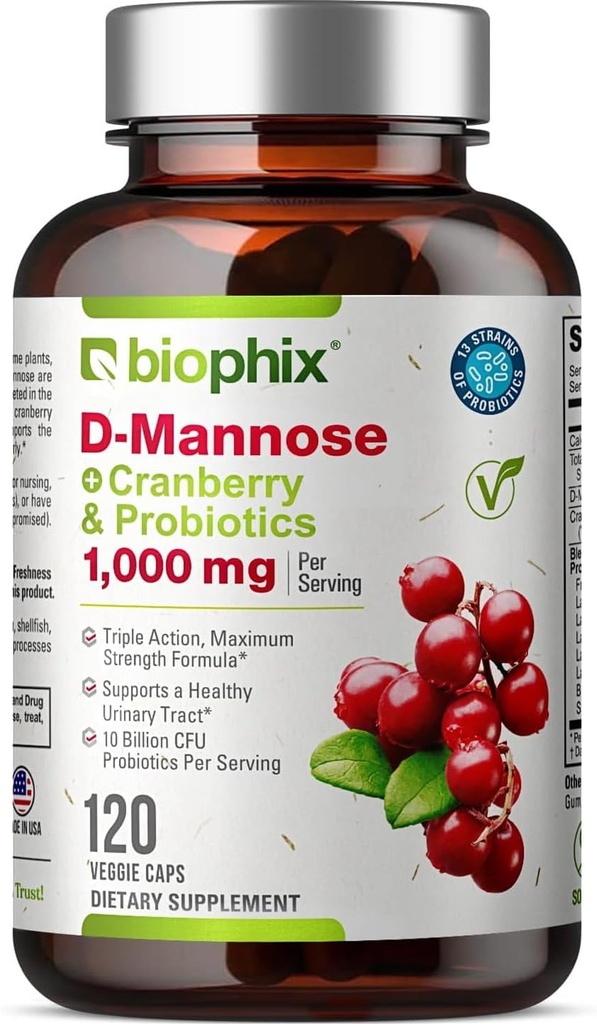 Biophix D-Mannose 1000 mg Capsules with Cranberry & Probiyotiks - Kadınlar için D Mannose Supplements - Urinary Tract & Bladder Health Support - Digestive Well-Being - 120 Vcaps