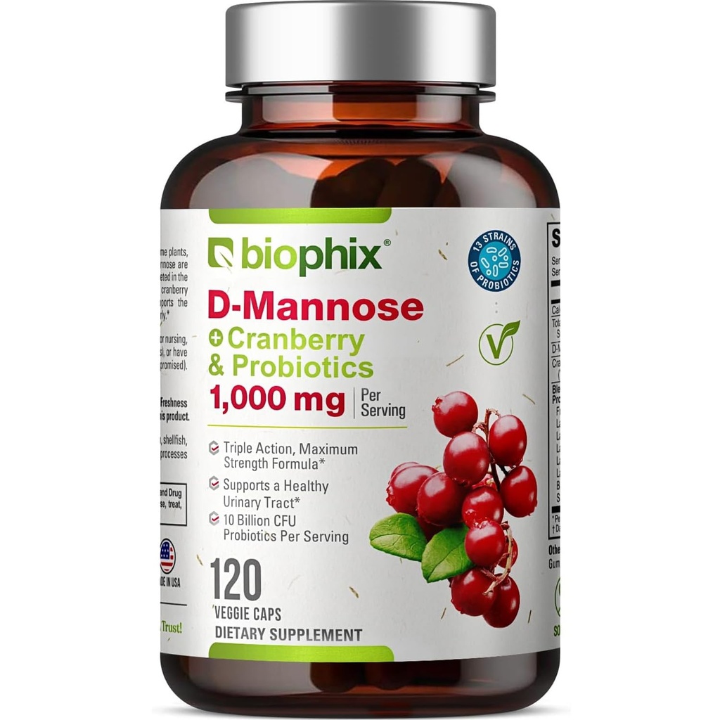 Biophix D-Mannose 1000 mg Capsules with Cranberry & Probiyotiks - Kadınlar için D Mannose Supplements - Urinary Tract & Bladder Health Support - Digestive Well-Being - 120 Vcaps