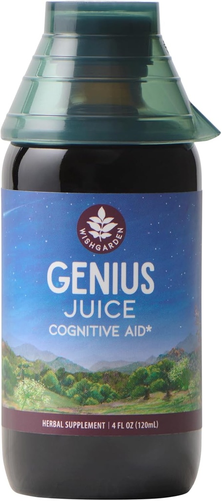 WishGarden Herbs Genius Juice - Sıvı Herbal Nootropic Brain Alert Supplement for Focus, Clarity, Concentration & Energy with Ginkgo Biloba & Gotu Kola, Cognitive Support, No Caffeine, 4oz