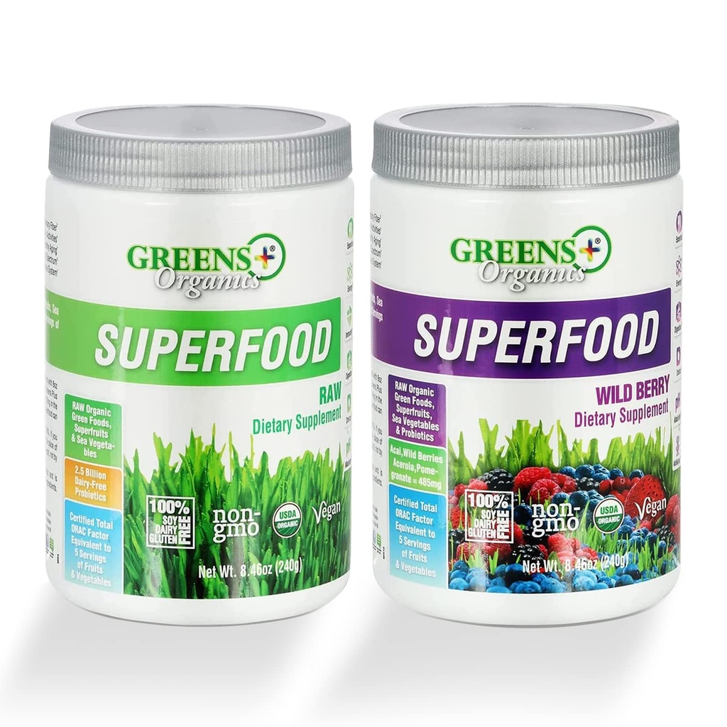 Πράσινοι+ Βιολογικά Superfood σκόνη, Ακατέργαστα Superfood & Wild Berry σκόνη, Gluten Free Superfood σκόνη, εγχύεται με προβιοτικά, USDA Organic, Bundle (πακέτο του 2)
