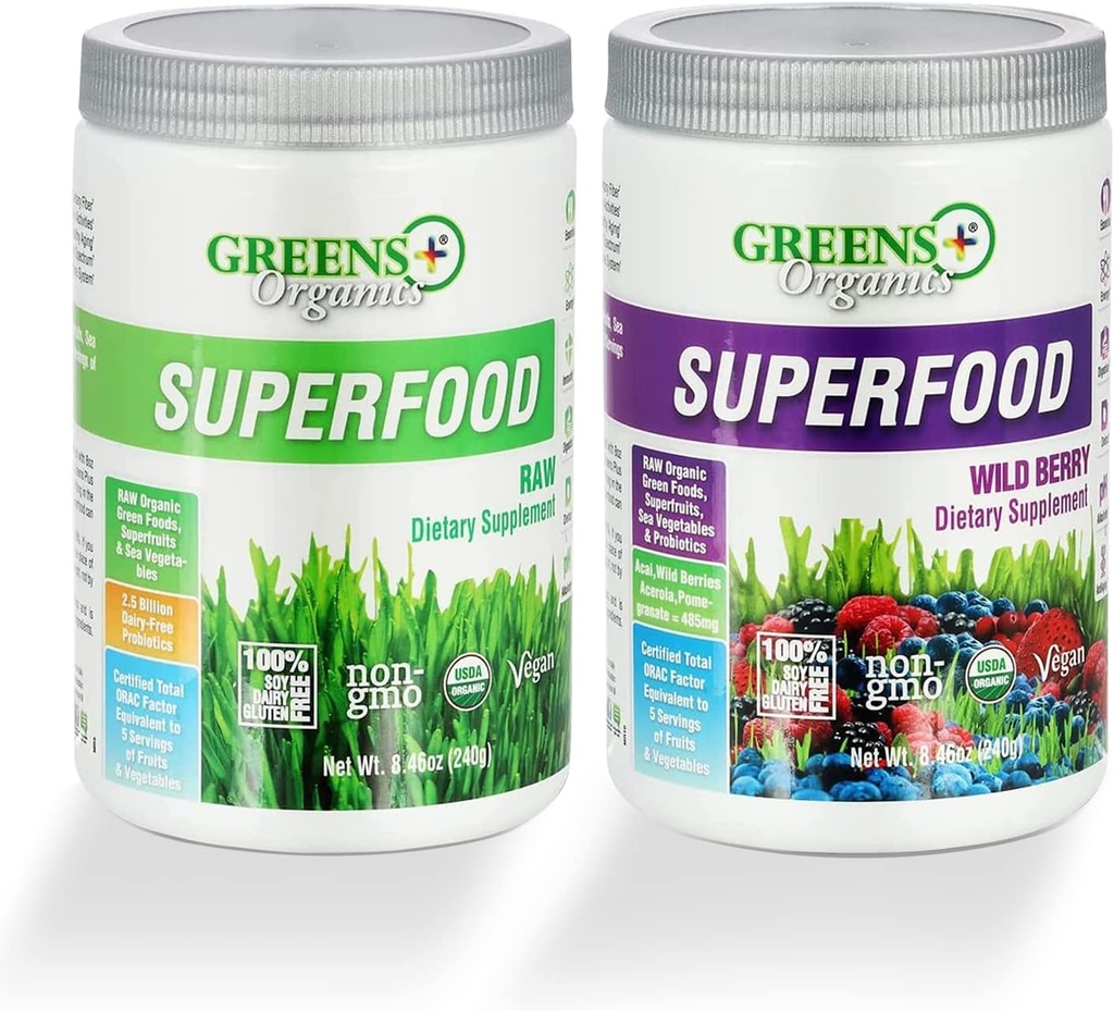 Greens+ Organik Superfood Toz, Raw Superfood & Wild Berry Toz, Gluten Free Superfood Toz, Probiyotiks, USDA Organic, Sche (Pack of 2) ile birleşti.