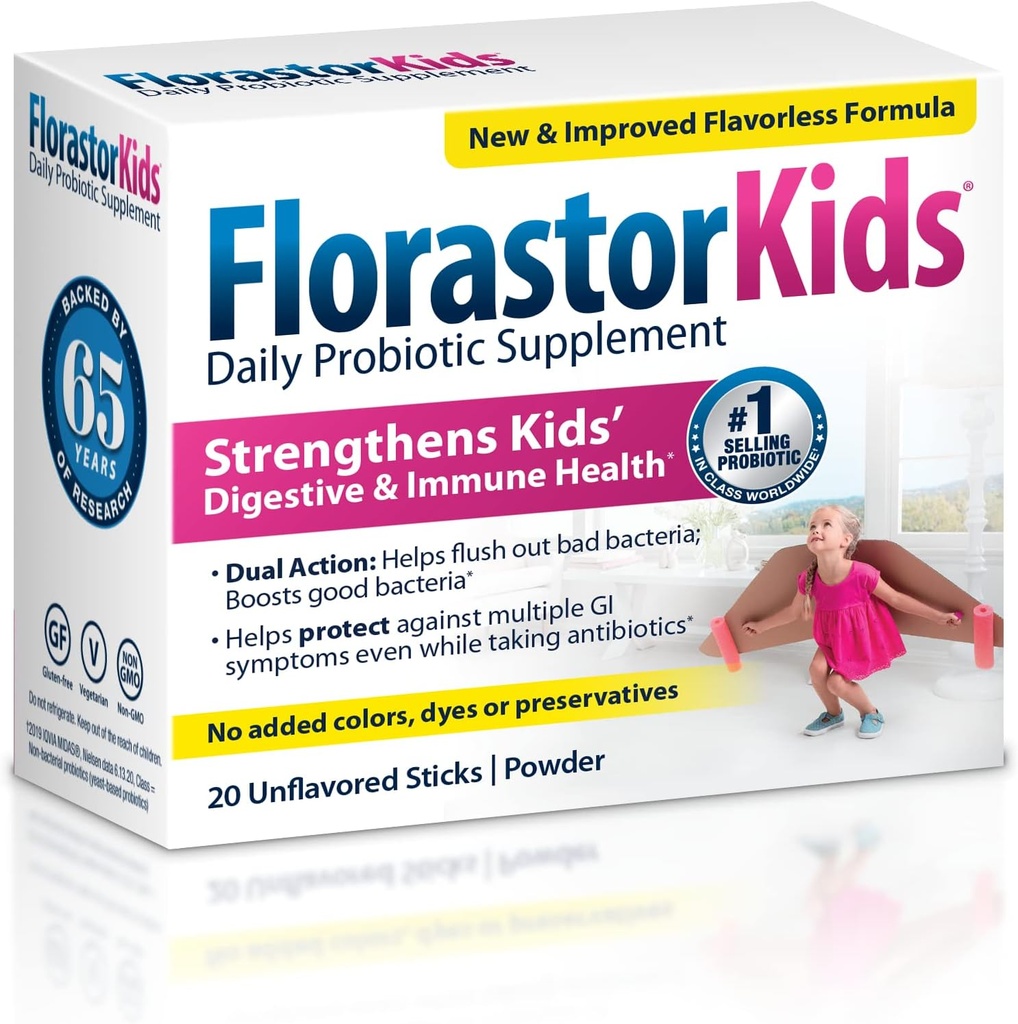 Florastor Kids Daily Probiyotik Supplement, Unflavored Toz Mixes with Food or Beverage, Use with Antibiyotiks, Saccharomyces Boulardii CNCM I-745 (20 Sachets), 2 Paket