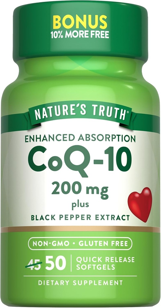 Nature's Truth CoQ10 200 mg Softgels | 50 Kont | Gelişmiş Aborpsiyon Tamam | Plus Black Pepper Extract | Non-GMO, Gluten Free