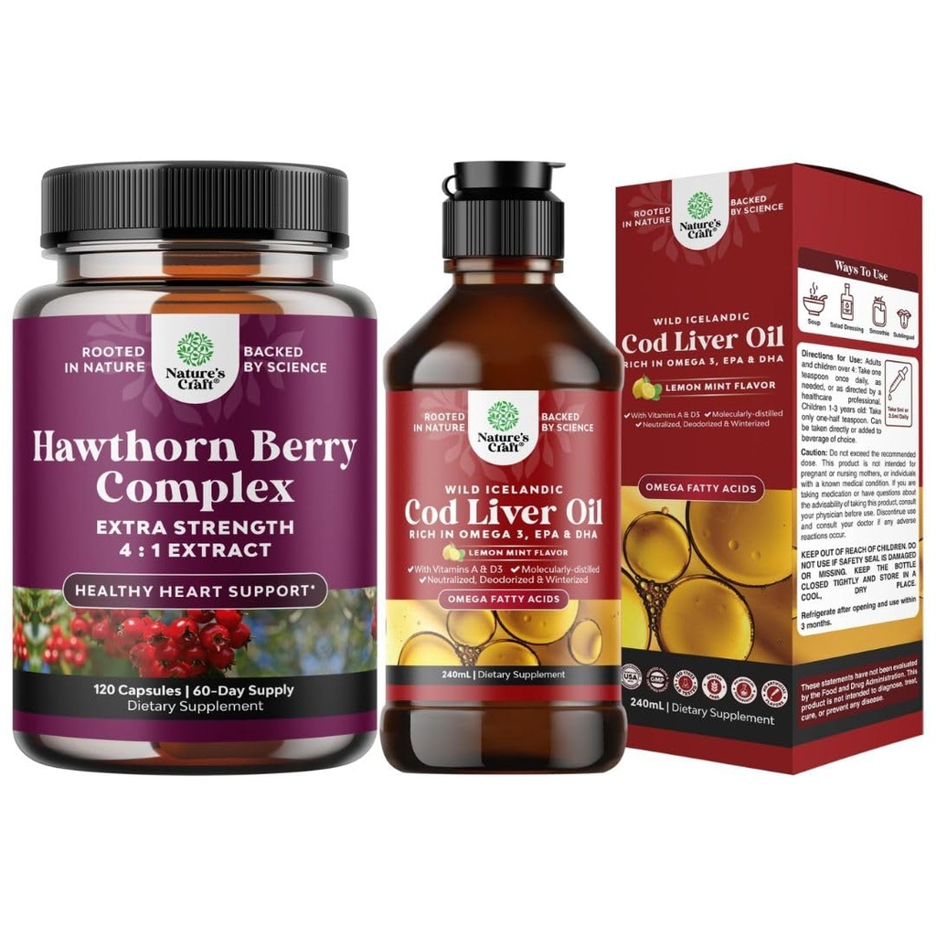 Ekstra Güçlü Hawthorn Berry Capsules Hawthorn Extract Digestion and Heart health Supplement and İzlandaic Cod Liver Oil Liquid Wild Caught Nordic Omega 3 Fish Oil Liquid for Yetişkinler and Kid